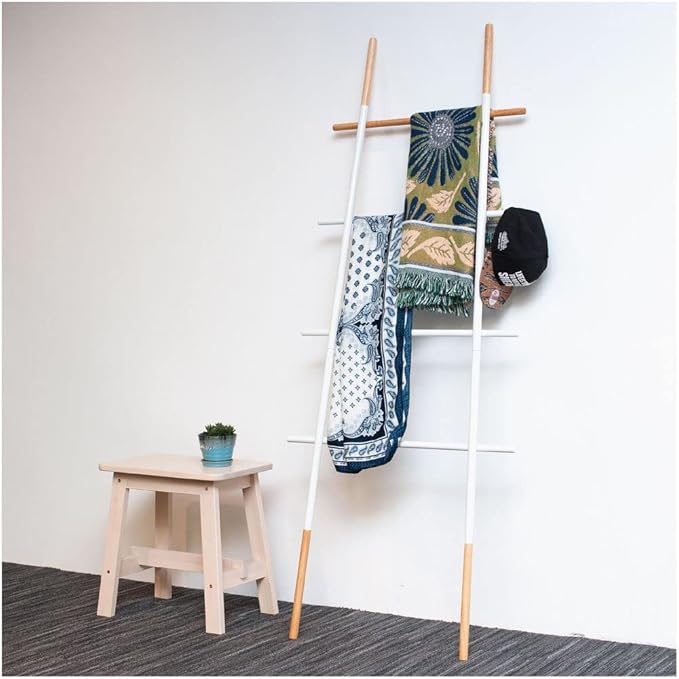 Freestanding Towel Ladder Rack, Space Saving, No-Scratch Wood, for Household Use, White