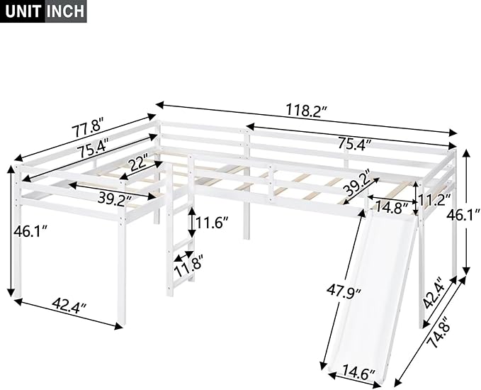 Merax Twin Size Double Loft Bed with Slide and Ladder, Wooden L-Shaped Bed Frame with Full-Length Guardrail, Wood Bedframe for Kids Teens Adults Bedroom, 2 Twin Beds,White