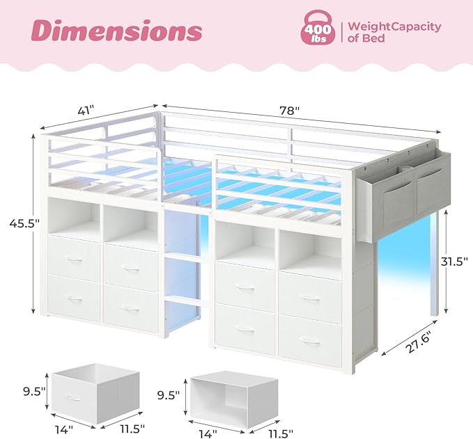 ADORNEVE Low Loft Bed Twin Size with 8 Storage Drawers, Twin Loft Bed with Bookcase and LED Lights, Metal Kids Loft Bed with 14" H Safety Guardrail, Under-Bed Play Space, No Box Spring Needed, White