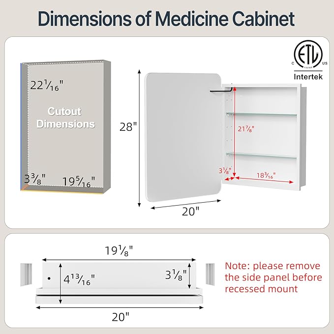 20x28 Inch Medicine Cabinet with Mirror, Recessed or Surface Mount Bathroom Medicine Cabinet with LED Lights, Anti-Fog, Memory Function, Adjustable Shelf, Dimmable Light, ETL Listed, White,Left Hinge