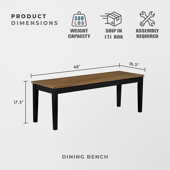 Lexicon 48" W Brown Black Dining Bench for Table - Solid Wood Frame Entryway Bench, Wood Seat, Sturdy Accent Seating for Kitchen, Living Room, Dining Room, Easy Assembly, Two-Tone (Brown and Black)