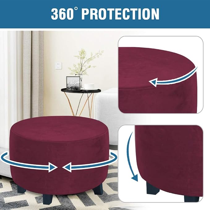 H.VERSAILTEX Round Ottoman Slipcover Ottoman Covers Slipcover Footstool Protector Covers Storage Stool Ottoman Covers Stretch with Elastic Bottom, Feature Real Velvet Plush Fabric (Medium, Burgundy)
