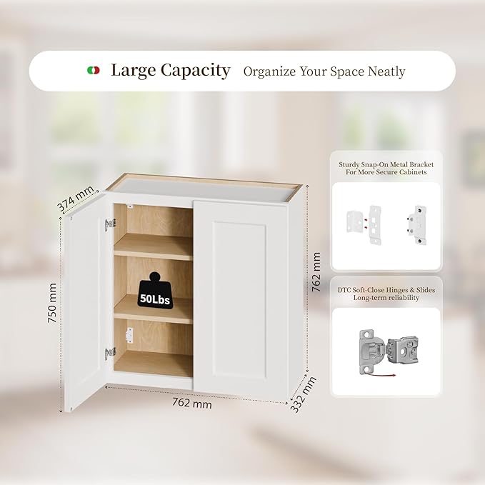 Kisart Laundry Room Cabinets Wall Mounted with Doors & Shelves, Solid Wood RTA Medicine Storage Cabinet, 30Wx30Hx12D Inch White Shaker Hanging Cupboard, Space-Saving for Kitchen, Bathroom, Garage