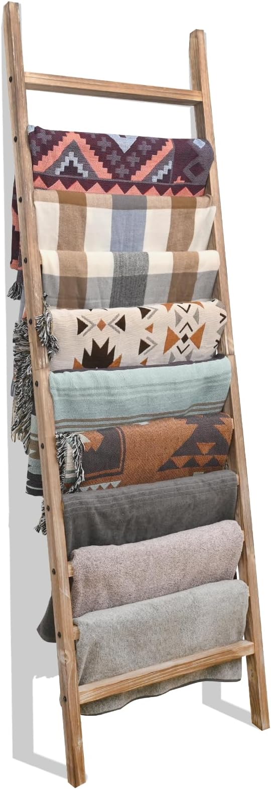 FUIN 6.4ft Extra Wide Wooden Blanket Ladder Living Room Decorative Wal Leaning Farmhouse Quilt Display Holder Rustic Wood Towel Rack for Bathroom, Burnt Brown, 24 inch Wide with 11 Rungs