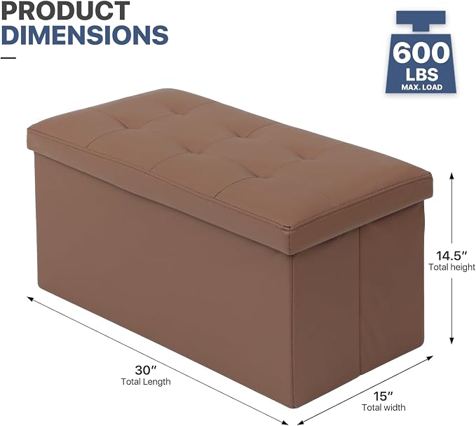 MoNiBloom 30 Inch Storage Ottoman Bench, 24 Gal. Folding Ottoman Footrest, End of Bed Bench, Rectangle Foot Stool, Supports 600 lbs, for Bedroom, Living Room, Entryway, Hallway, Brown