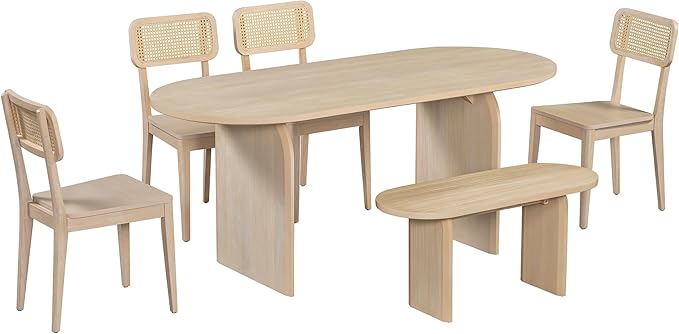 Merax 6 Pieces Modern Dining Set for 6, 71" Oval Rubberwood Dining Table with Bench and 4 Rattan Backrest Chairs for Dining Room, Living Room, Kitchen, Natural
