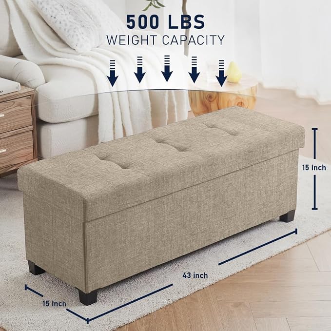 Ornavo Home 43 Inch Storage Ottoman, Large Storage Bench, Ottoman with Storage with Legs, Foot Rest Stool, Bedroom Bench - Tan/Taupe