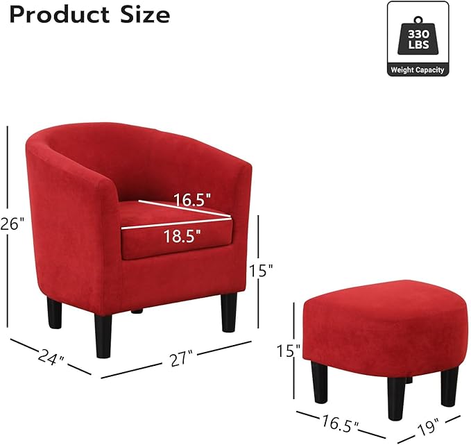 INZOY Modern Accent Chair with Ottoman for Small Space, Club Chair with Ottoman Set, Comfy Fabric Barrel Reading Chairs for Living Room Bedroom, Round Reading Chair with Foot Rest, Red