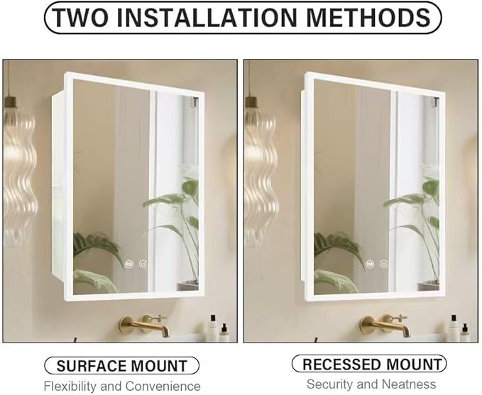 LED White Medicine Cabinet with Light,16×24inch,Recess Mirror Cabinet for Bathroom,3 Color,Dimmable,Demister,Detachable Side Plate,Recess Mount or Surface Mount