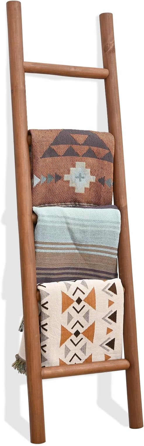 FUIN Fully Assembled 57in Wood Blanket Ladder Living Room Decorative Wall Leaning Farmhouse Quilt Display Holder Rustic Wooden Towel Rack for Bathroom, Dark Brown