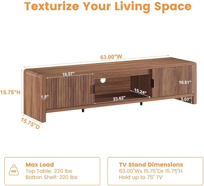 FATORRI TV Stand for 75/65/55 Inch TVs, Farmhouse Entertainment Center with Storage, Wood Waveform Fluted-Door Television Media Console for Living Room,Bedroom (63" W, Walnut)