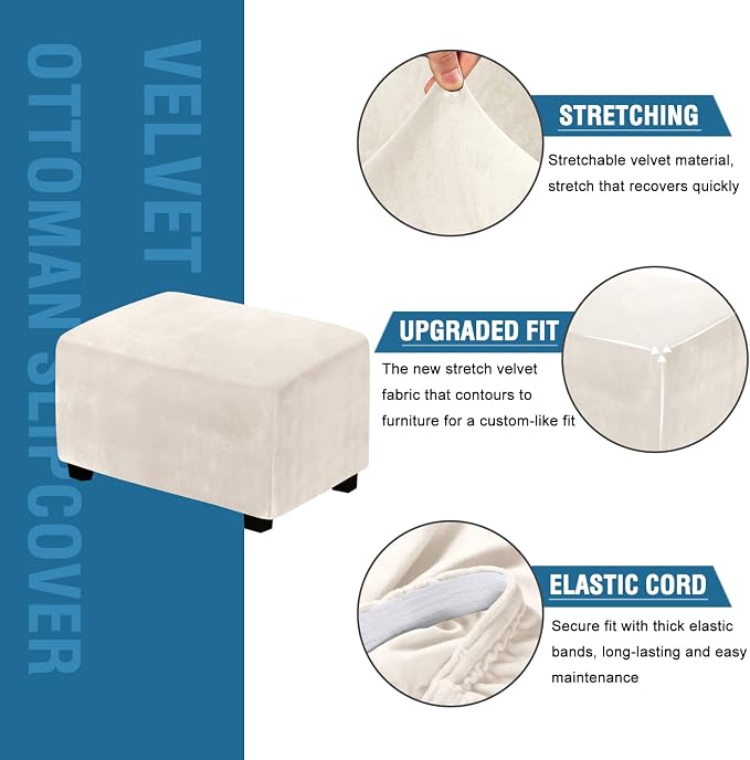 H.VERSAILTEX Ottoman Covers Slipcover Rectangle Real Velvet Plush 1 Piece Form Fit Stretch Folding Storage Covers Ottoman Slipcovers Removable Footrest Covers Elastic Bottom Washable(Large, Ivory)