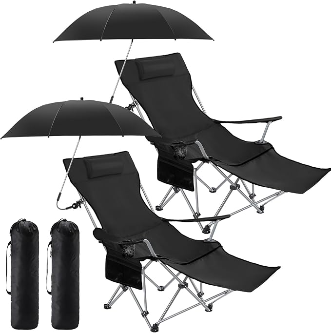 Yuntau 2 Set Reclining Beach Chairs with UPF 50+ Umbrellas Shade, Upgraded Heavy Duty Portable Folding Lounge Camping Chair with Canopy Removable Footrest & Headrest for Outdoor Patio(Black)