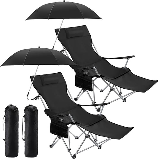 Yuntau 2 Set Reclining Beach Chairs with UPF 50+ Umbrellas Shade, Upgraded Heavy Duty Portable Folding Lounge Camping Chair with Canopy Removable Footrest & Headrest for Outdoor Patio(Black)