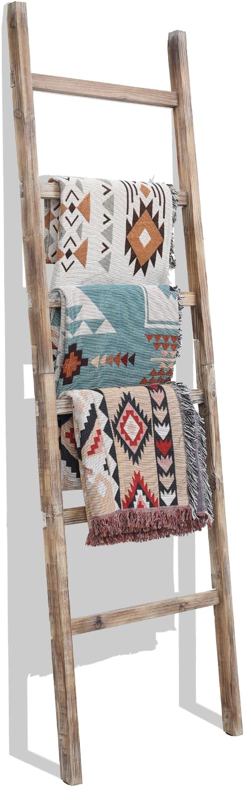 FUIN 6.4ft Extra Wide Wooden Blanket Ladder Living Room Decorative Wal Leaning Farmhouse Quilt Display Holder Rustic Wood Towel Rack for Bathroom, Burnt Brown, 24 inch Wide