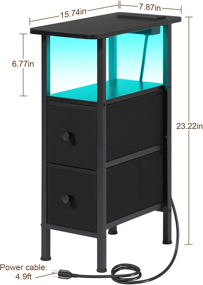 LOAKEKEL Narrow Nightstand with Charging Station, End Tables Living Room Set of 2, Skinny Side Table with Fabric Drawers, Small Sofa Table with LED Light for Bedroom, Black, HETNDP02LBK