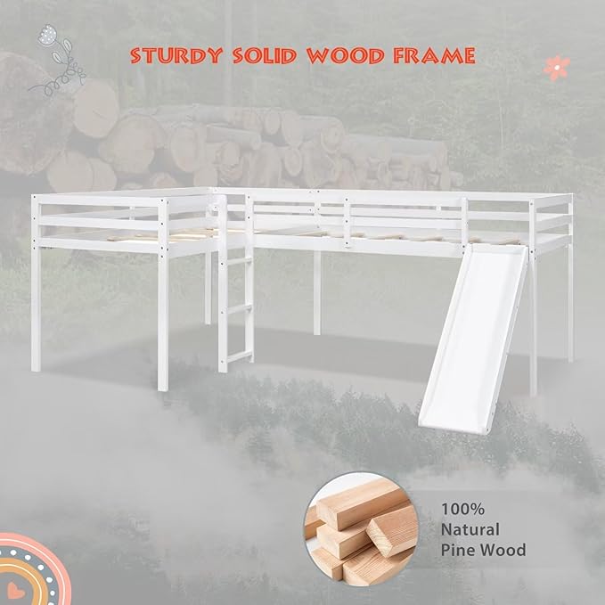 Merax Twin Size Double Loft Bed with Slide and Ladder, Wooden L-Shaped Bed Frame with Full-Length Guardrail, Wood Bedframe for Kids Teens Adults Bedroom, 2 Twin Beds,White