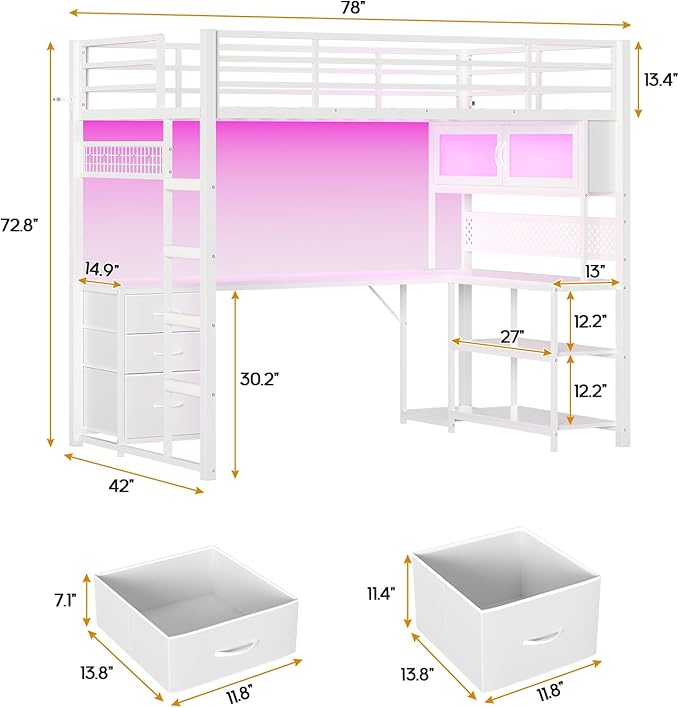 ADORNEVE Gaming Loft Bed Twin Size with L-Shaped Desk, Storage Drawers & RGB Arcylic Hutch, Expanded Safety Power Outlet, Metal LED Loft Bed Frame with Wide Ladder, for Teen Girls, White