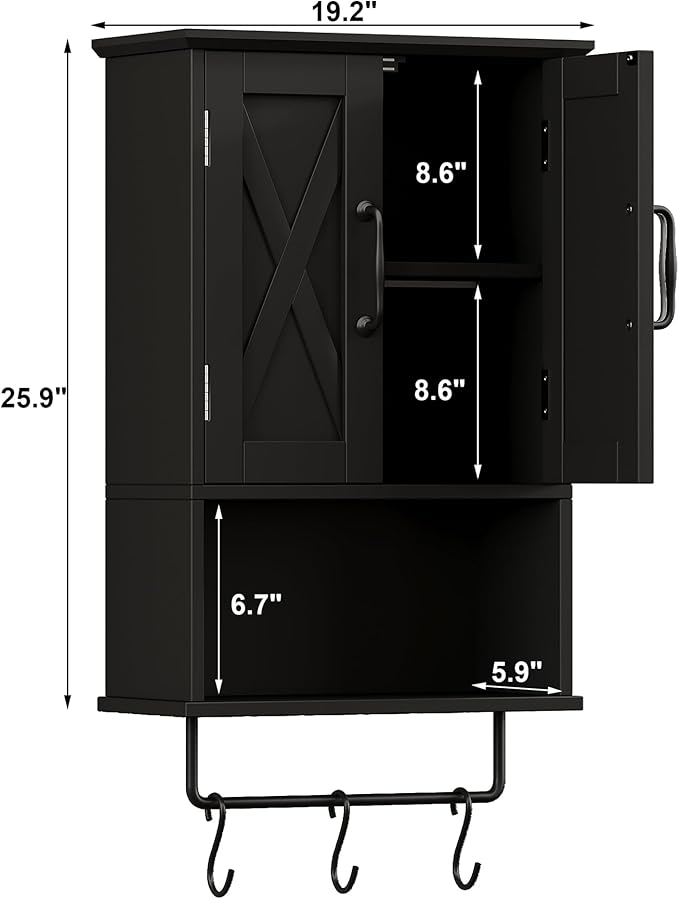ChooChoo Farmhouse Medicine Cabinet, Bathroom Wall Cabinet with Adjustable Shelf, Towel Bar, 3 Hooks, Over The Toilet Storage Cabinet for Bathroom, Kitchen, 19.3''L, Black