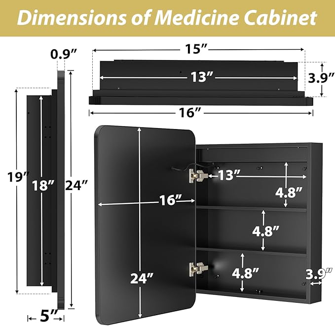 APRILSOUL 16x24 Inch Lighted Bathroom Medicine Cabinet with Mirror, Black Recessed or Surface Mount Medicine Cabinet Mirror with Storage and LED Lights, 3 Colors Temperature, Dimmable Light