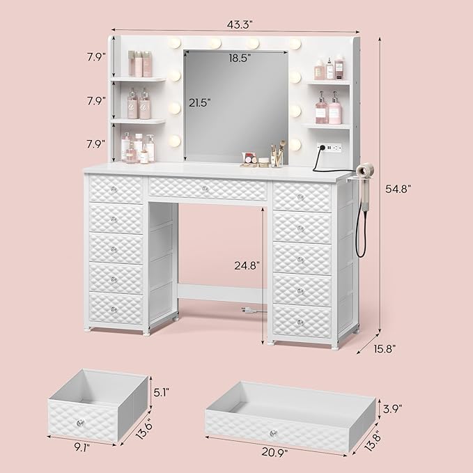 HAUOMS Vanity with Lights and Mirror, 11 Drawer Makeup Vanity with Power Strip, 6 Open Shelves, 43.3” Vanity Desk with Storage, Dressing Table with 3 Color Modes for Bedroom, Women, Girls (White)