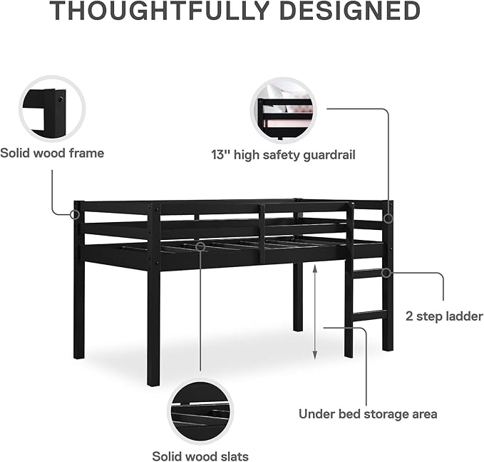 DHP Milton Twin Loft Bed with Safety Guard Rail, Black, Space Saving Junior Size, Pine Wood