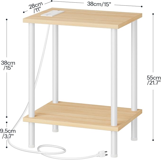 HOOBRO Side Table with Charging Station, End Table with USB Port and Outlet, Nightstand with 2-Layer Storage Shelves for Small Spaces, Living Room, Bedroom, Stable Frame, Natural and White WN09UBZ01