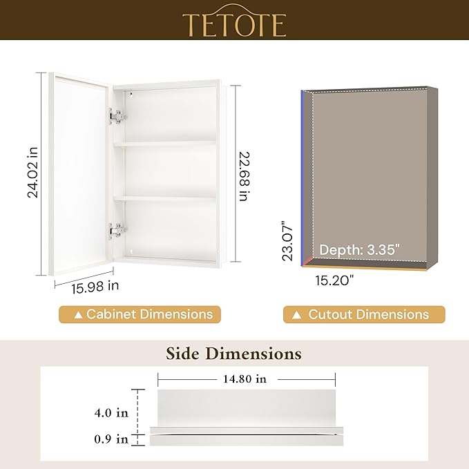 TETOTE 16" x 24" Medicine Cabinets for Bathroom with Tempered Mirror Recessed Medicine Cabinet with Aluminum Beveled Frame, Stepless Adjustable Shelves, DTC Hinge