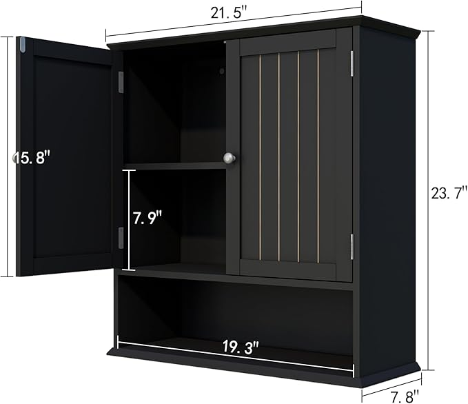 Viaozutis Over The Toilet Bathroom Wall Cabinet with 2 Doors and Open Shelf, Wooden Space Saving Storage Cabinet, Medicine Cabinet for Bathroom Organization,Black