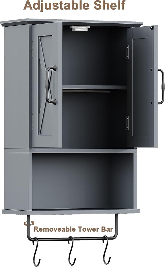 ChooChoo Farmhouse Medicine Cabinet, Bathroom Wall Cabinet with Adjustable Shelf, Towel Bar, 3 Hooks, Over The Toilet Storage Cabinet for Bathroom, Kitchen, Grey