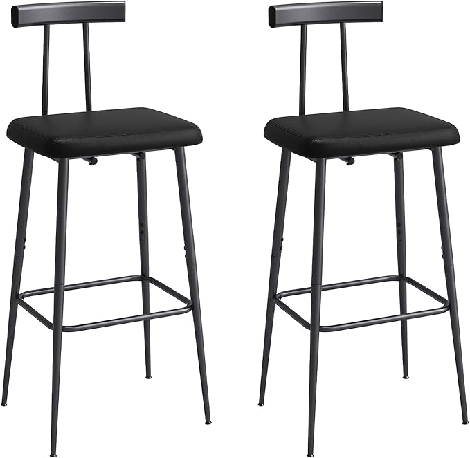 Bar Stools Set of 2, Tall Bar Stools with Backrest and Footrest, Counter Height Bar Chairs, Industrial Barstools with PU Leather Cushion, for Kitchen, Dining Room, Bar, Cafe (Black) KBS515B