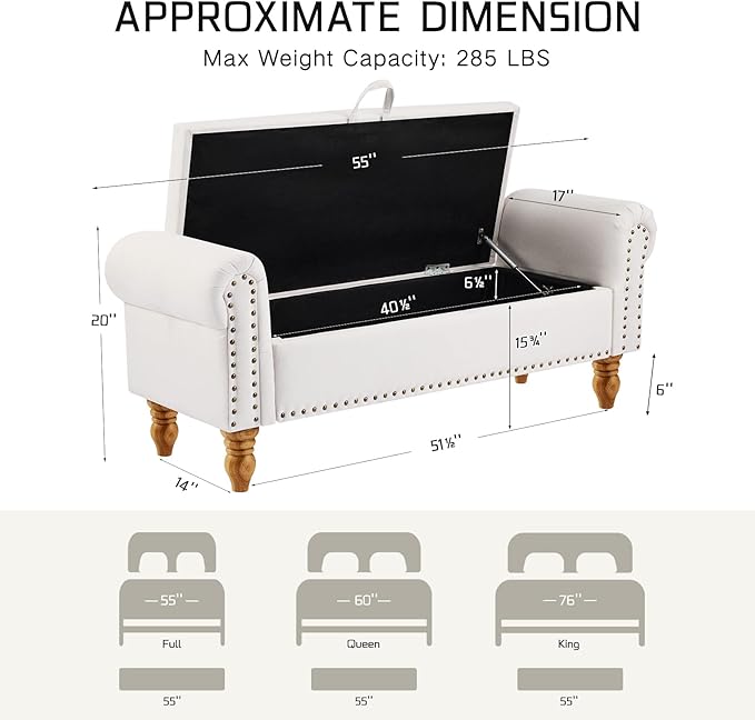 51.5" Bench for Bedroom End of Bed Storage Bench, Upholstered Linen Storage Ottoman with Rolled Arms for Bedroom, Living Room, Entryway, Beige