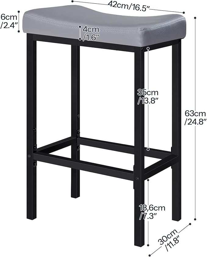 HOOBRO Bar Stools Set of 2, 24.8 Inches Bar Chairs, Counter Height Stools, Saddle Barstools with Curved Surface, 2.4" Thick Upholstery, for Kitchen, Dining Room, Gray and Black BG10BY01