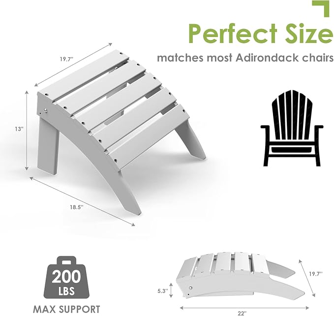 GREENVINES Adirondack-Ottoman | Set of 4 | HDPE Plastic | Outdoor Footrest | All Weather | Foot Rest | Foot Stool | White | for Adirondack Chair | for Patio Backyard Pool