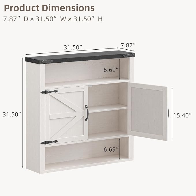 Bathroom Wall Cabinet, Farmhouse Medicine Cabinet with Adjustable Shelves and 2 Barn Doors, Wall Mounted Over the Toilet Storage Cabinet for Bathroom, Laundry Room, Kitchen, Rustic White and Black