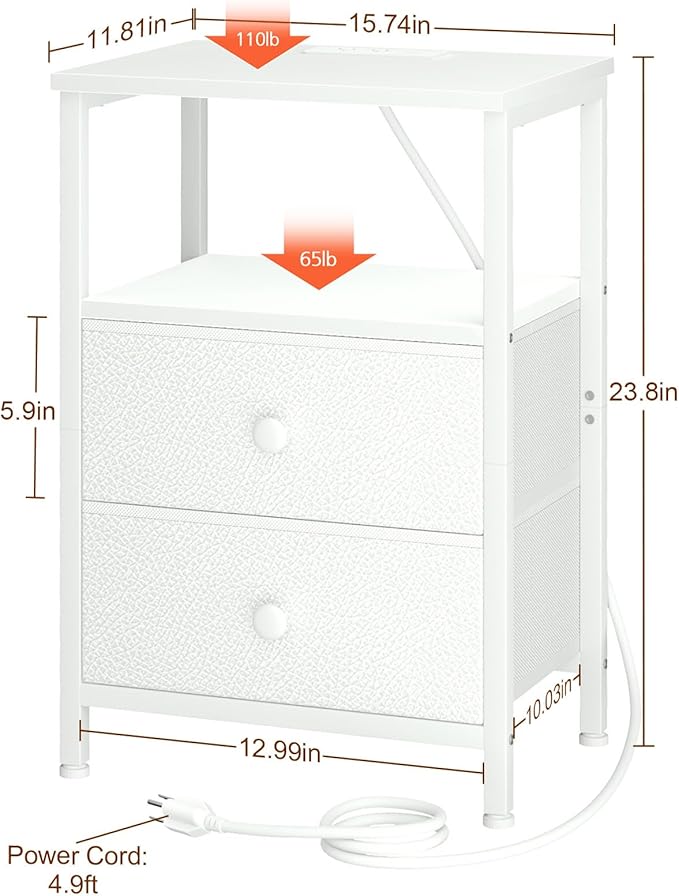 LOAKEKEL Night Stand, Nightstand with Charging Station, Slim Industrial Bedside Table with 2 Fabric Drawers, Small End Table with USB & Type-C Ports for Bedroom, White, HETS020WT-1