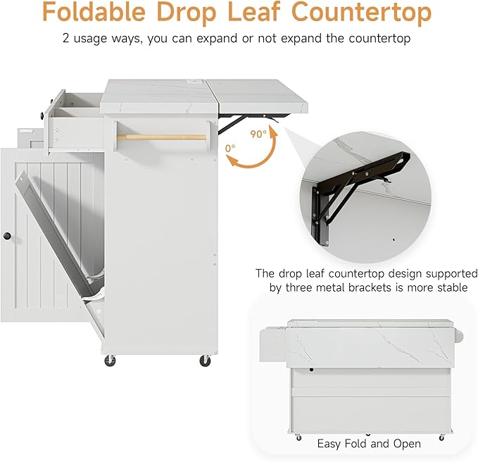 60" Kitchen Island with Power Outlet & Drop Leaf, Kitchen Rolling Island with Spice Rack & Towel Rack, Knife Holder, Kitchen Island Cart with Trash Storage Cabinet, Mobile Island Table for Kitchen