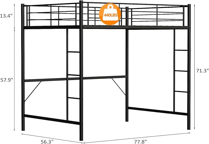 VINGLI Full Size Loft Bed Kids Loft with 2 Stairs Design,Space-Saving Double Bed for Teens, Adults, Heavy Duty Metal Square Slat, No Box Spring Needed,Black
