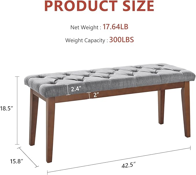 kinmars Upholstered Bench for Bedroom End of Bed,42.5-inch Entryway Bench for Living Room,Dining Bench with Padded Seat and Solid Wood Leg for Kitchen Bedroom,Indoor and Hallway