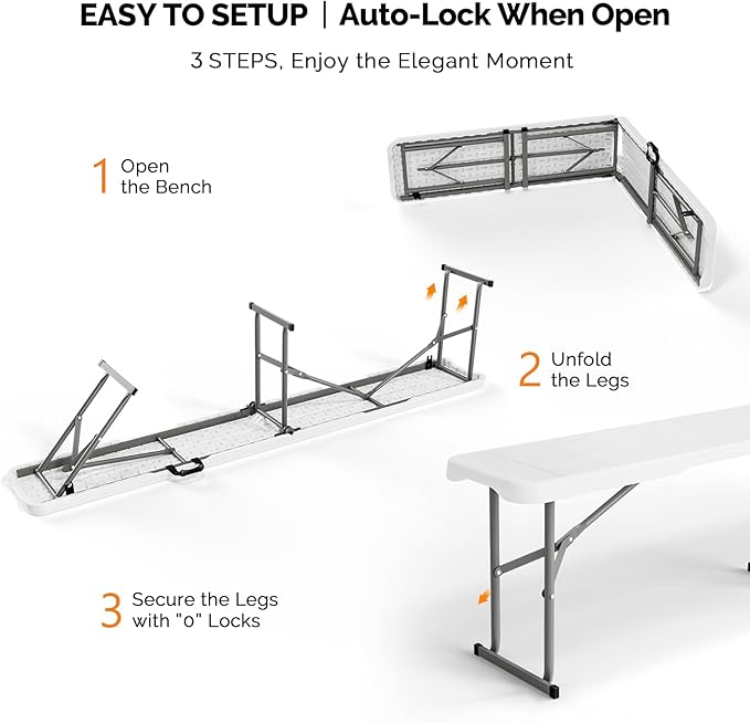 VINGLI 6 feet Plastic Folding Bench,Portable in/Outdoor Picnic Party Camping Dining Seat, Garden Soccer Multipurpose Entertaining Activities, Smooth HDPE Tabletop (2, White, 6ft)