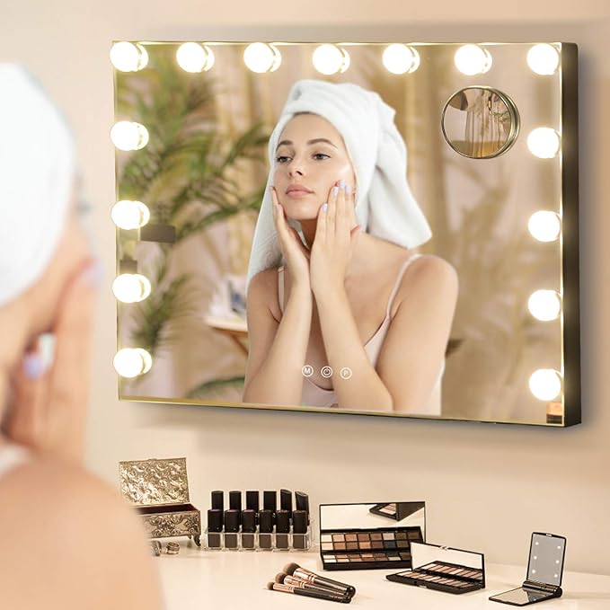 Hansong Black Vanity Mirror with Lights Large Hollywood Vanity Mirror with 15 LED Bulbs Lighted Makeup Mirror 3 Color Lighting Modes for Bedroom