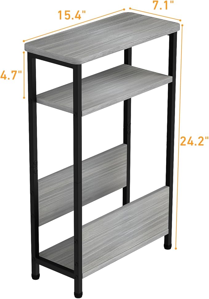 THUMEYE 7.1" Narrow Side Table for Small Spaces, 3 Tier Small End Table with Magazine Holder, Slim/Skinny Nightstand/Bedside Table for Living Room, Bedroom, 15.4" L x 24.2" H, Gray