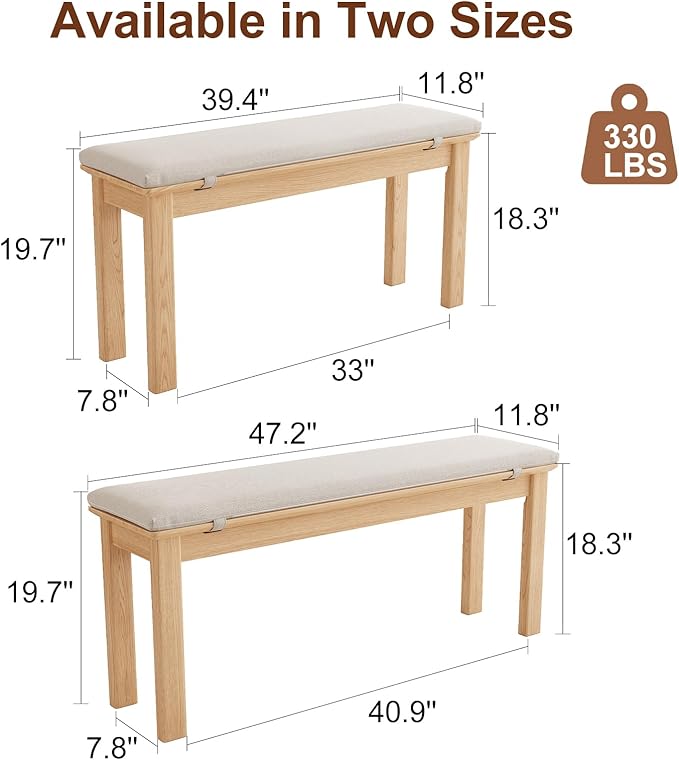 CycleCrew 39.4" Solid Wood Dining Bench with Removable Cushion - Mid-Century Modern Entryway Bench, Extra Height Upholstered Bench for Dining Table, End of Bed, Living Room