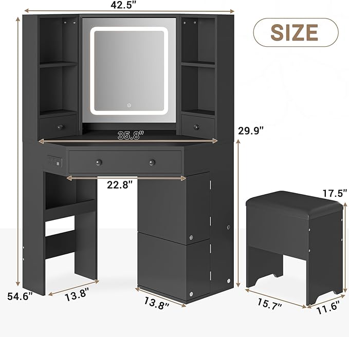 BTHFST Corner Vanity Desk with Lighted Mirror, Makeup Vanity with Lights and Charging Station, Vanity Set with Mirror and Storage Stool, Makeup Table with Drawers, Rotating Shelves, Black