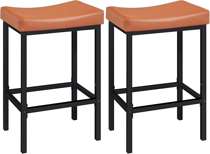 HOOBRO Bar Stools, Set of 2 Bar Chairs, Counter Height Stools, Saddle Barstools with Curved Surface, 24.8 Inches, 2.4" Thick Upholstery, for Kitchen, Dining Room, Cafe Orange-Brown and Black CB10BY01