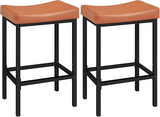 HOOBRO Bar Stools, Set of 2 Bar Chairs, Counter Height Stools, Saddle Barstools with Curved Surface, 24.8 Inches, 2.4" Thick Upholstery, for Kitchen, Dining Room, Cafe Orange-Brown and Black CB10BY01