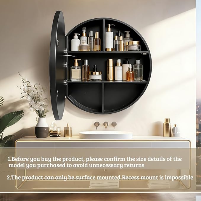 Round Medicine Cabinet with Light,3 Color Temperature,Dimmer,Defogger,32inch,Black