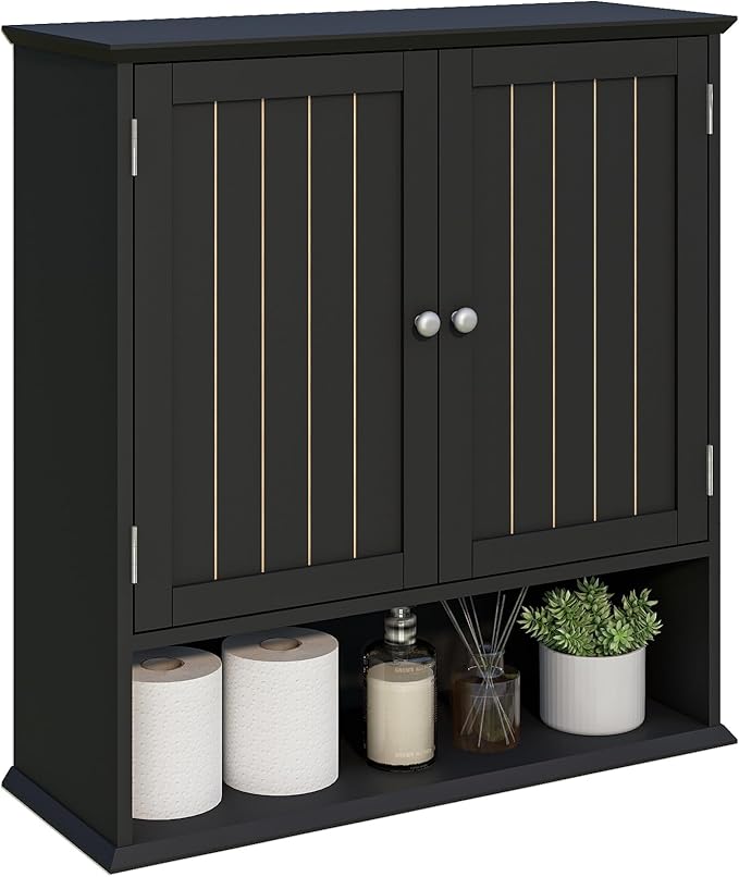 Viaozutis Over The Toilet Bathroom Wall Cabinet with 2 Doors and Open Shelf, Wooden Space Saving Storage Cabinet, Medicine Cabinet for Bathroom Organization,Black