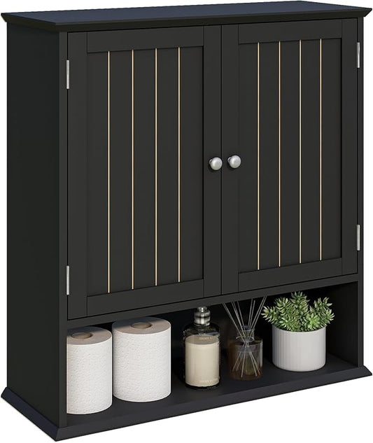 Viaozutis Over The Toilet Bathroom Wall Cabinet with 2 Doors and Open Shelf, Wooden Space Saving Storage Cabinet, Medicine Cabinet for Bathroom Organization,Black