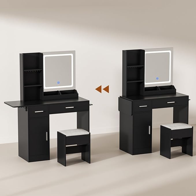 ERLEJIA Vanity Desk with Mirror and Lights & Extral Foldable Desk, 35.43" & 43.3" Makeup Vanity Table with Stool and Plug Outlet, 5 Drawers and Open Shelves Dressing Table for Bedroom,Black